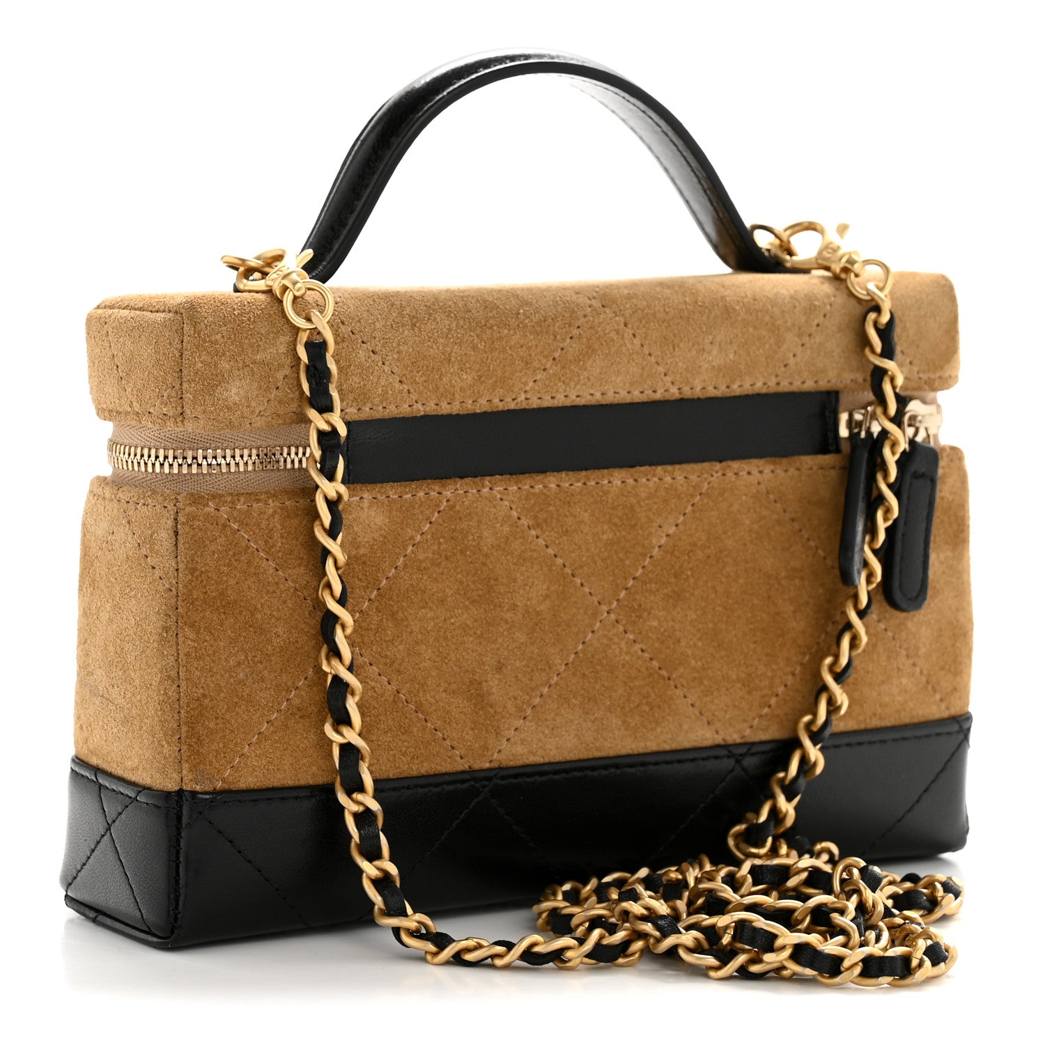 Suede Calfskin Shiny Lambskin Quilted Top Handle Slim Vanity Case With Chain Beige Black