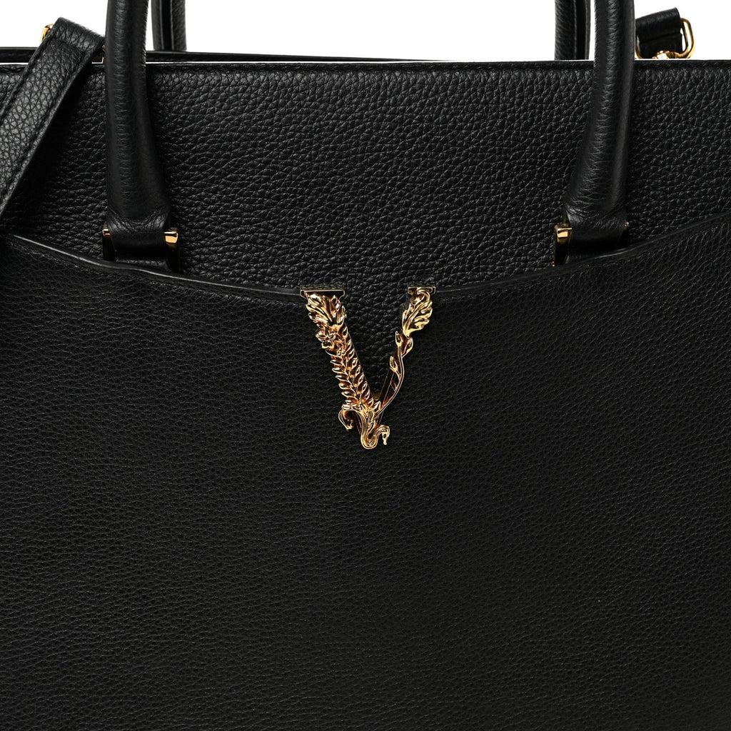 Grainy Calfskin Large Virtus Top Handle Tote Black
