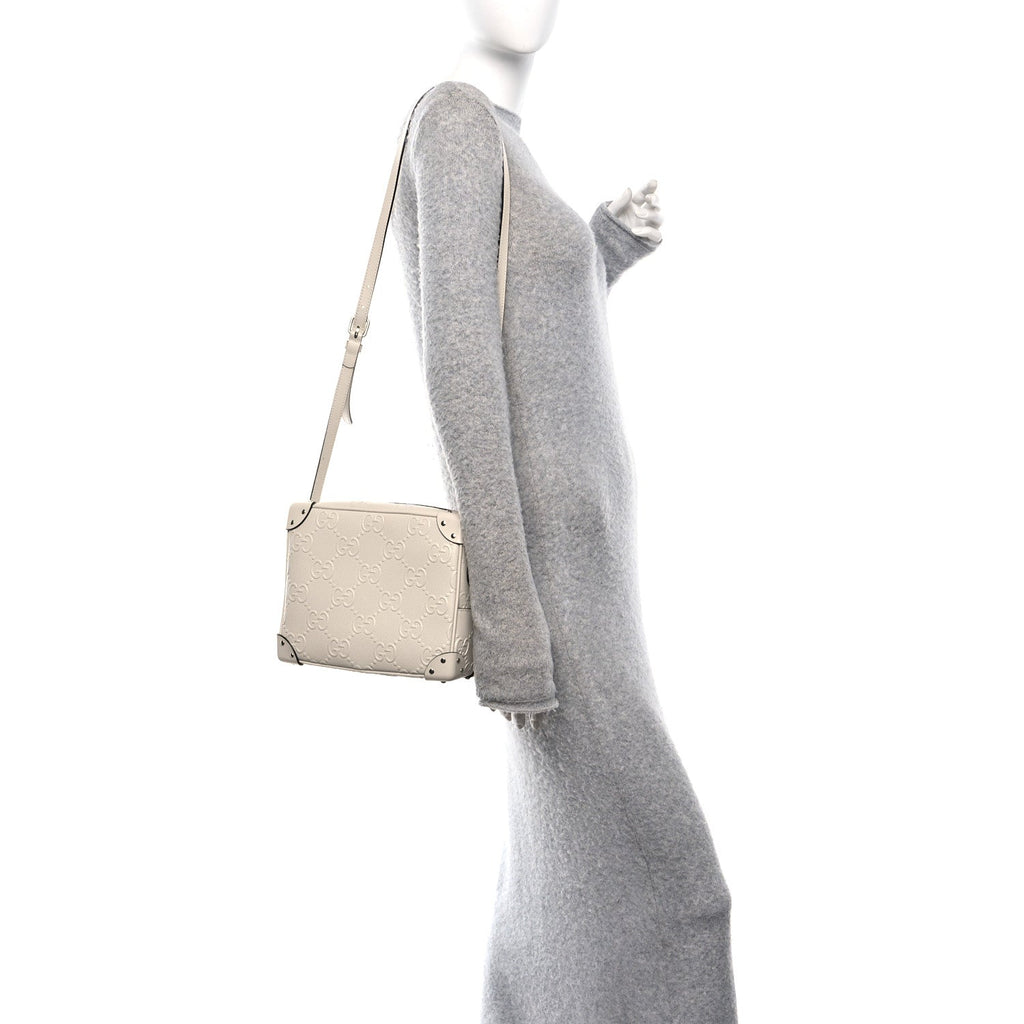 Calfskin GG Tennis Embossed Square Messenger Bag Mystic White