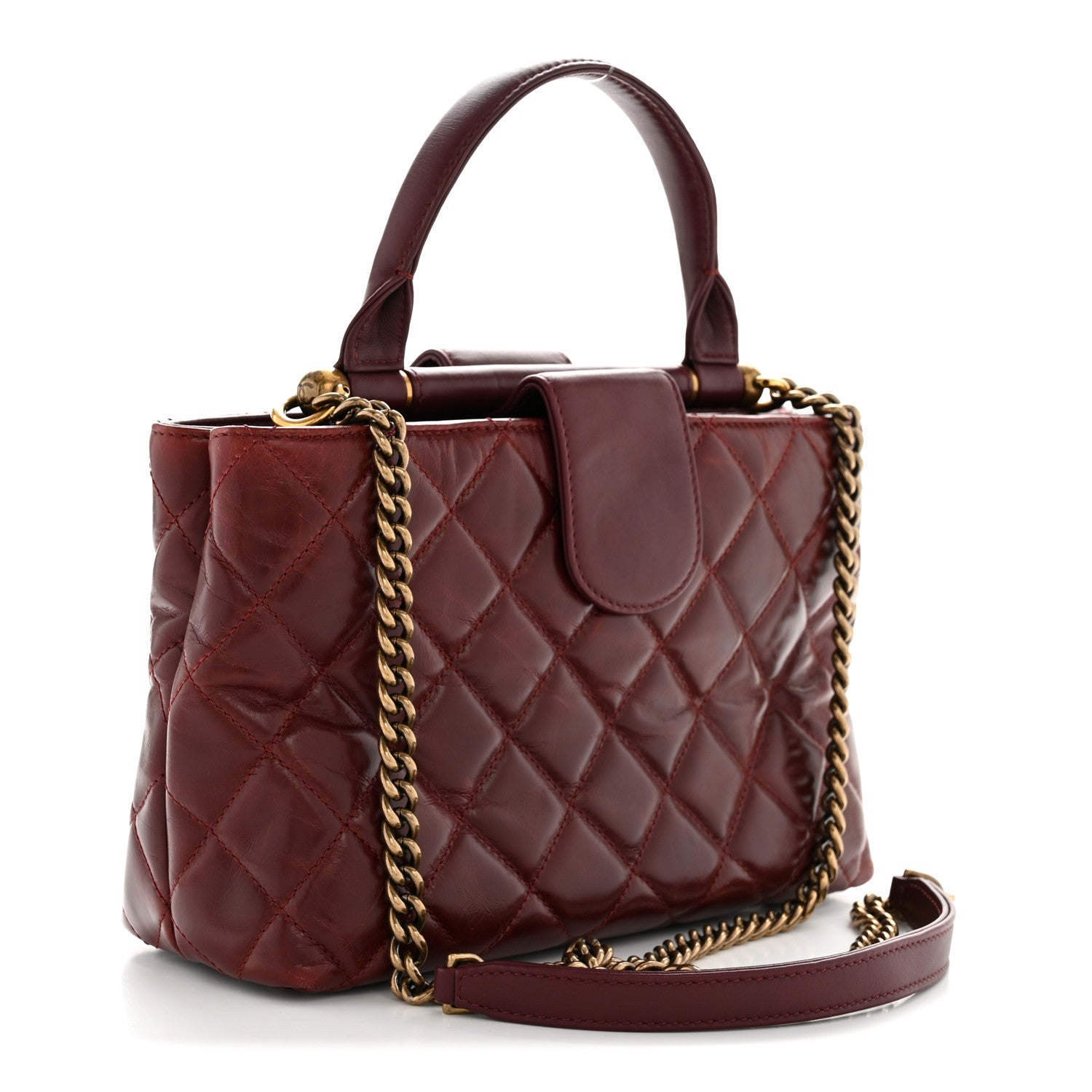 Glazed Calfskin Quilted Small Gold Bar Tote Red