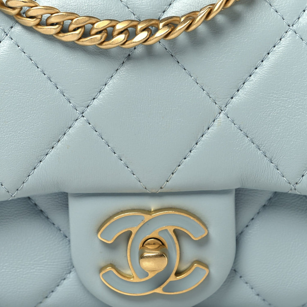 Lambskin Enamel Quilted Mini Pending CC Square Flap Light Blue