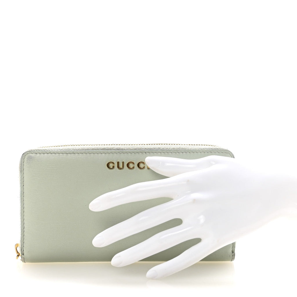 Textured Calfskin Gucci Script Zip Around Wallet Light Blue
