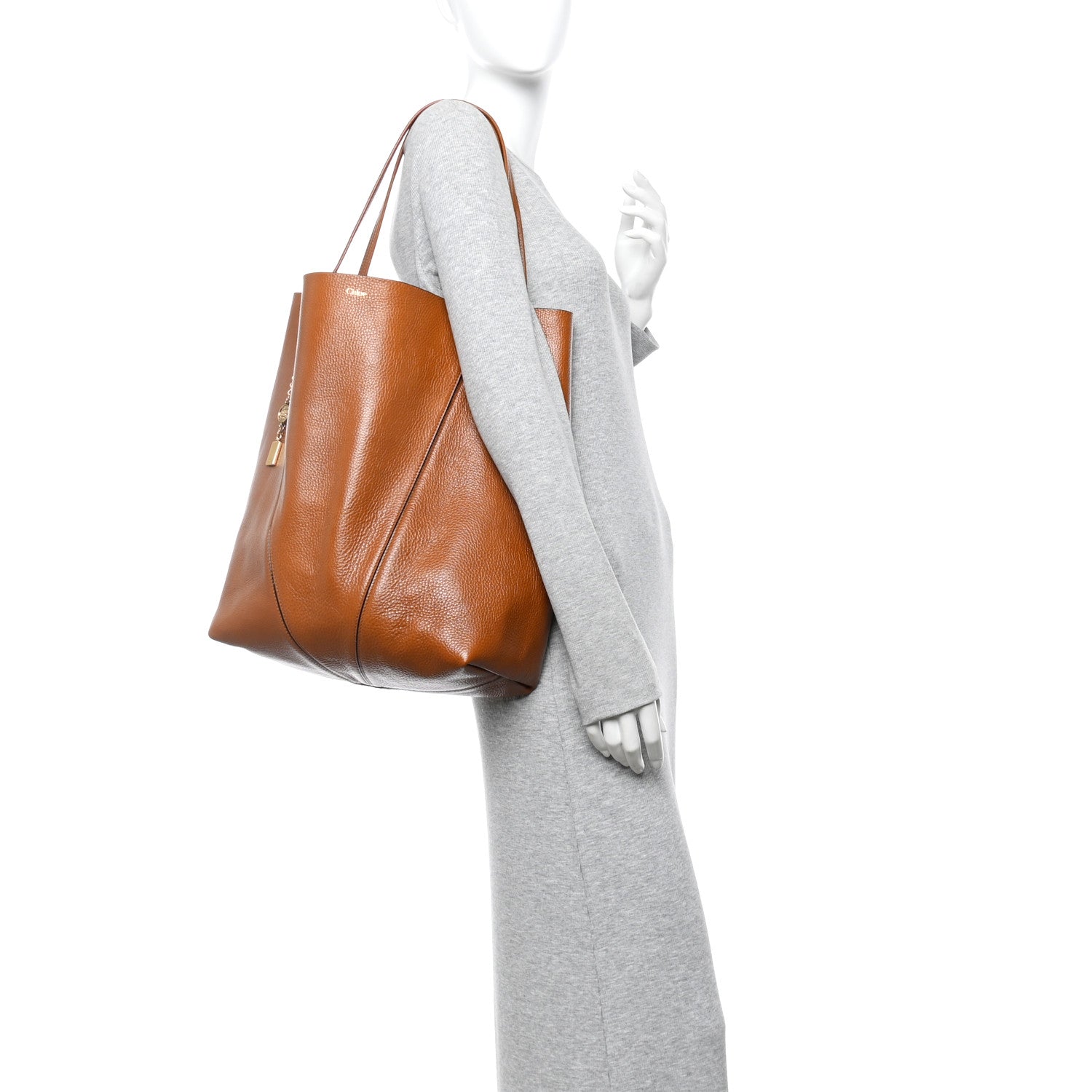 Grained Calfskin Large Spin Tote Clay Brown