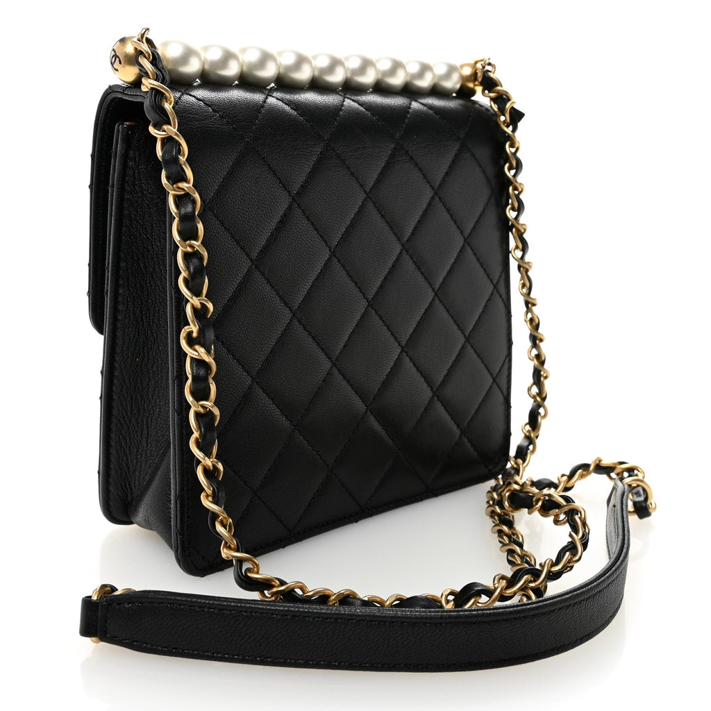 Goatskin Quilted Chic Pearls Flap Black