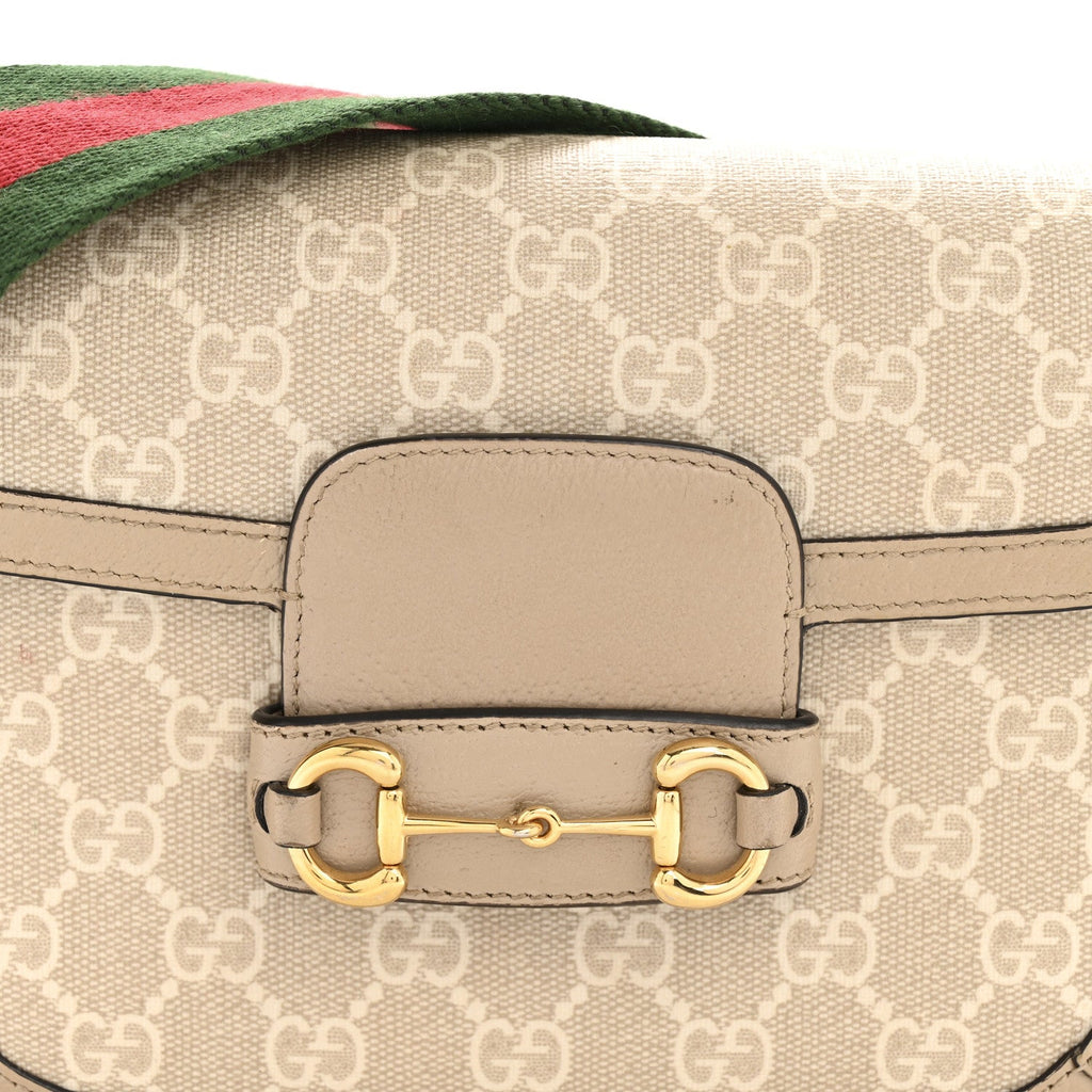 GG Supreme Monogram Textured Dollar Calfskin Web Mini Horsebit 1955 Shoulder Bag Beige Mystic White Oatmeal
