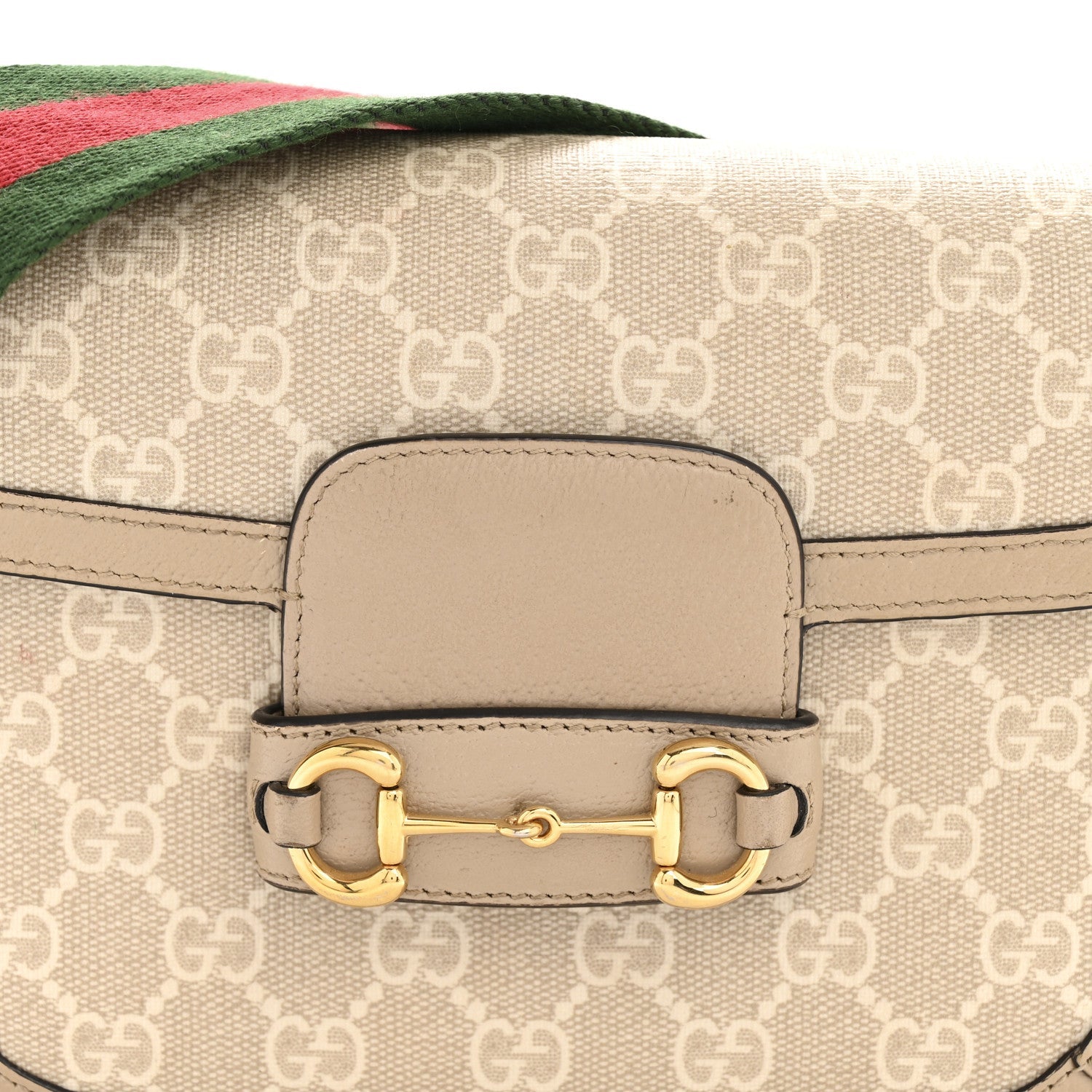 GG Supreme Monogram Textured Dollar Calfskin Web Mini Horsebit 1955 Shoulder Bag Beige Mystic White Oatmeal