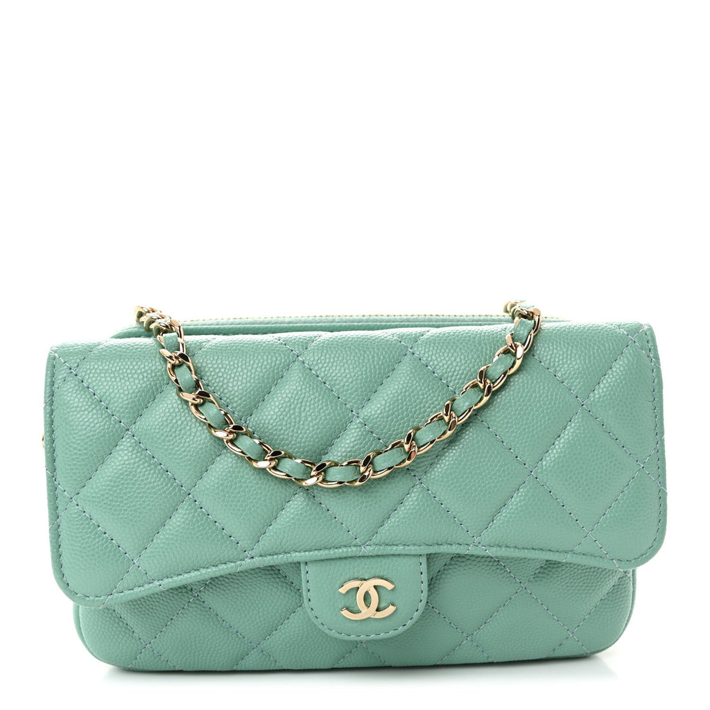 Caviar Quilted Flap Phone Holder With Chain Turquoise