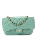 Caviar Quilted Flap Phone Holder With Chain Turquoise