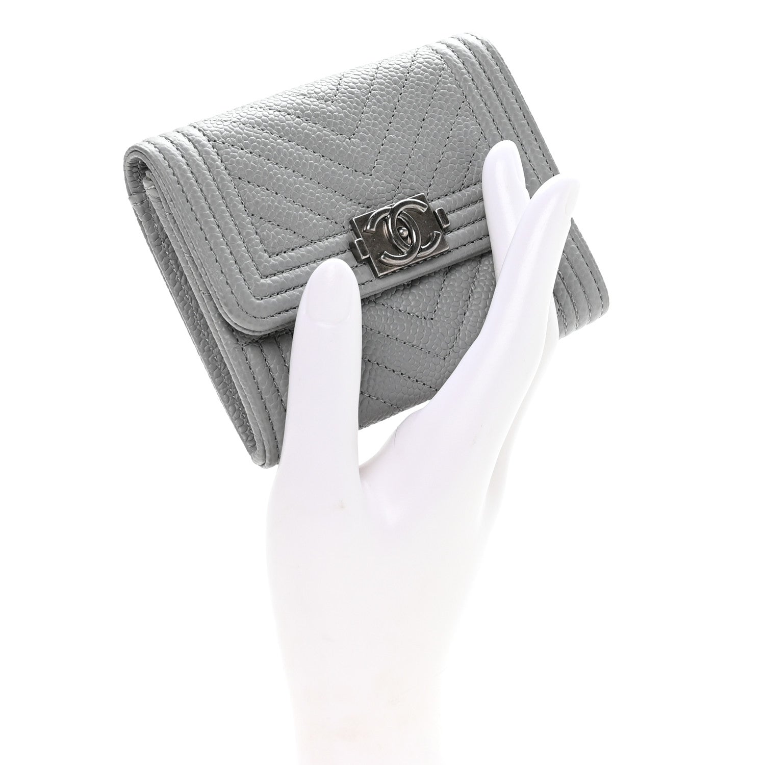Caviar Chevron Quilted Boy  Holder Wallet Grey