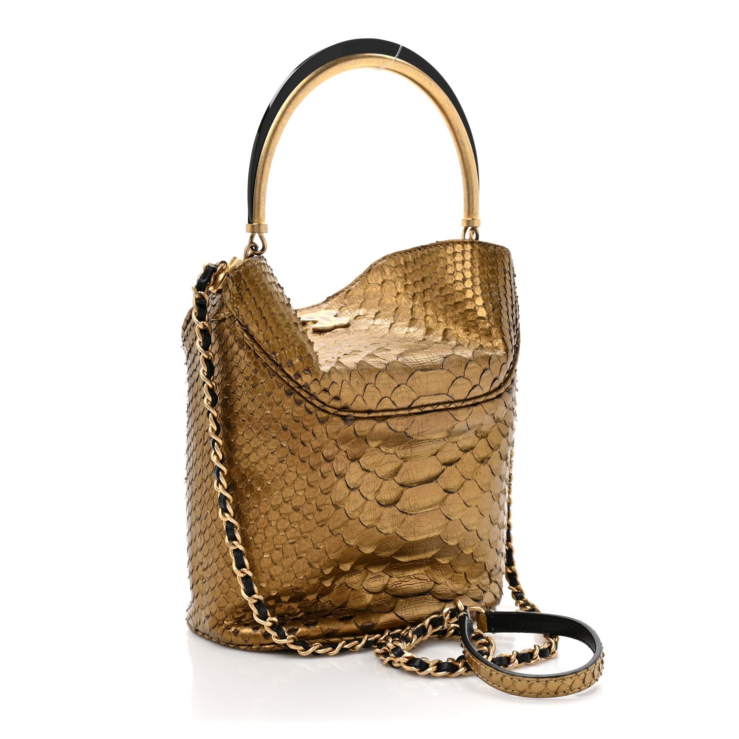Metallic Snakeskin Paris Hamburg Drawstring Bucket Bag Gold