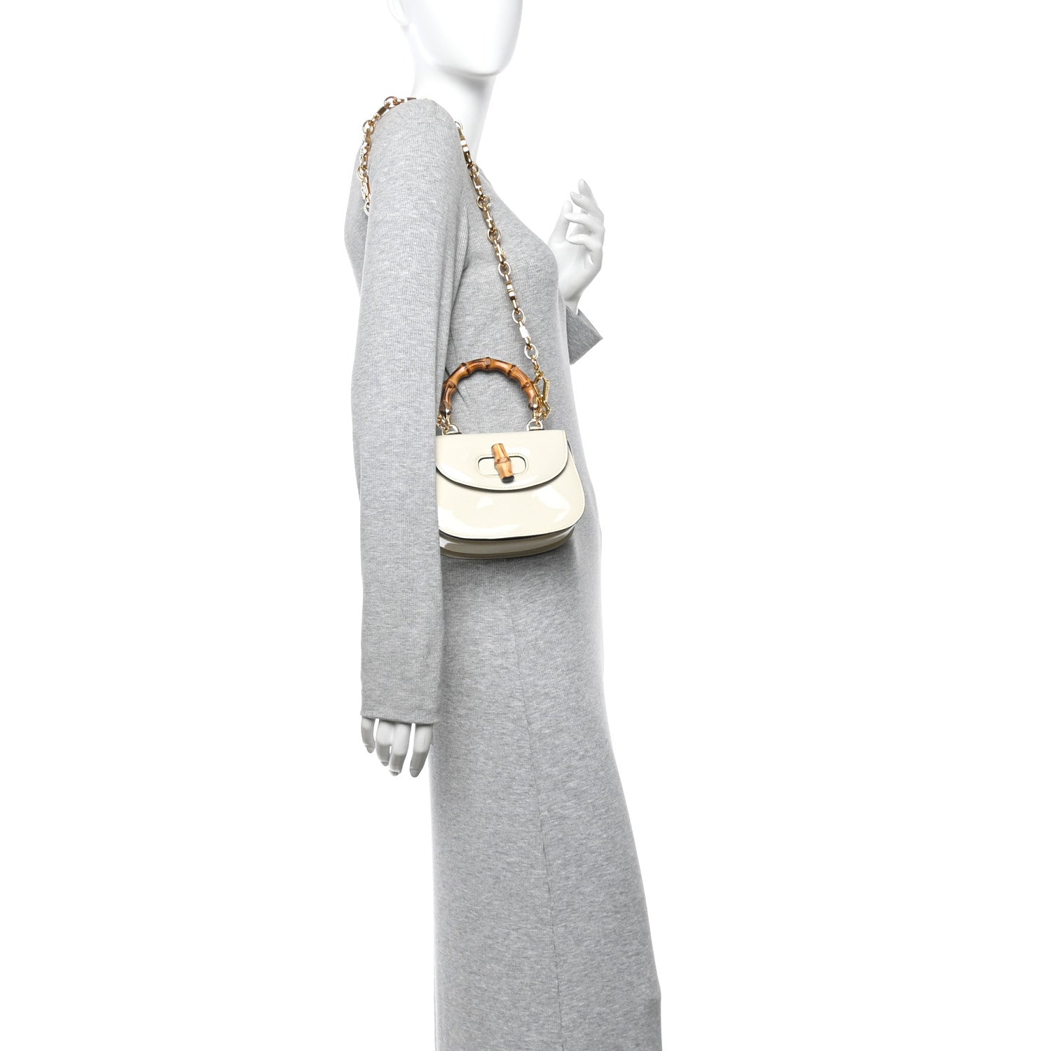 Patent Crystal Mini Bamboo 1947 Top Handle Chain Bag White