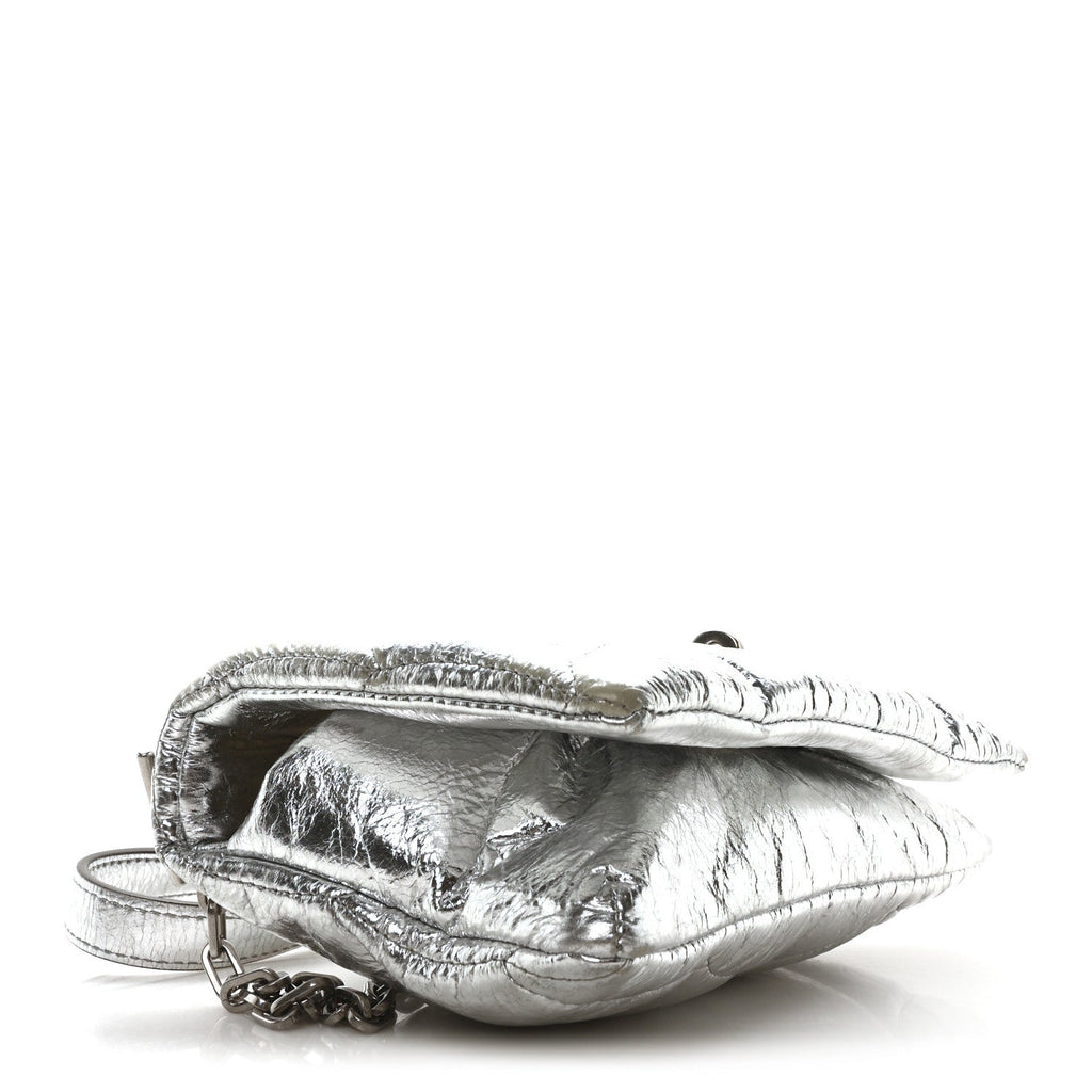 Metallic Crinkled Nappa Pillow Quilted Tiny Softie Bag Silver
