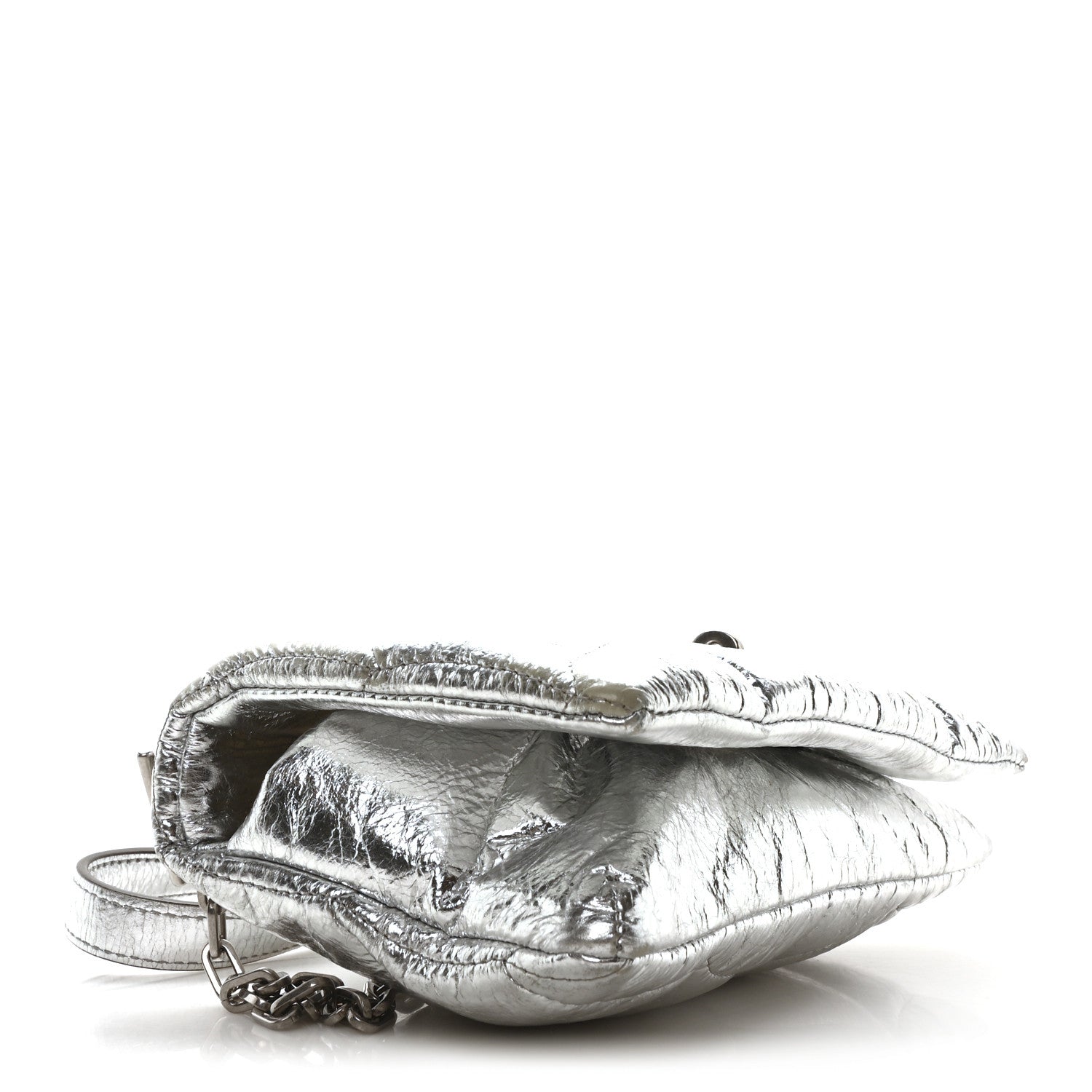 Metallic Crinkled Nappa Pillow Quilted Tiny Softie Bag Silver