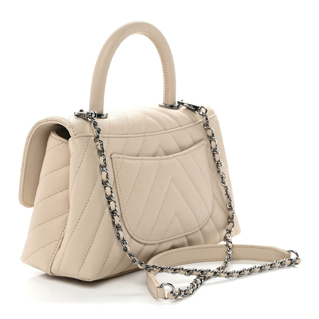 Caviar Chevron Quilted Mini Coco Handle Flap Beige
