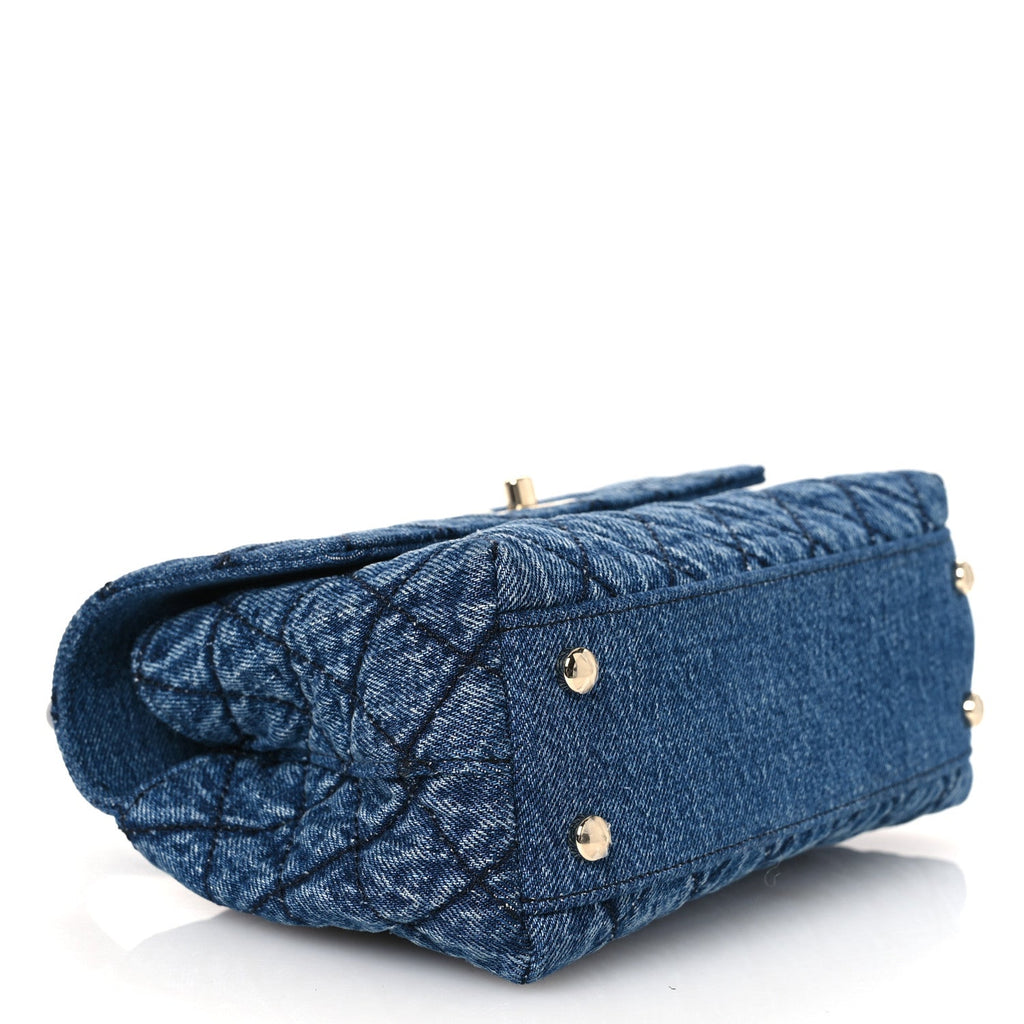 Washed Denim Quilted Mini Coco Handle Flap Blue