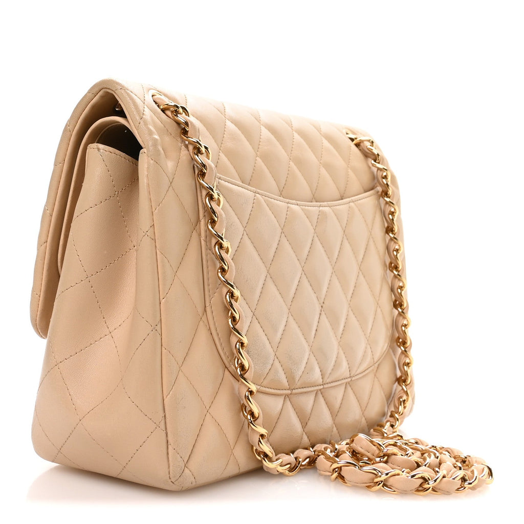Lambskin Quilted Jumbo Double Flap Beige