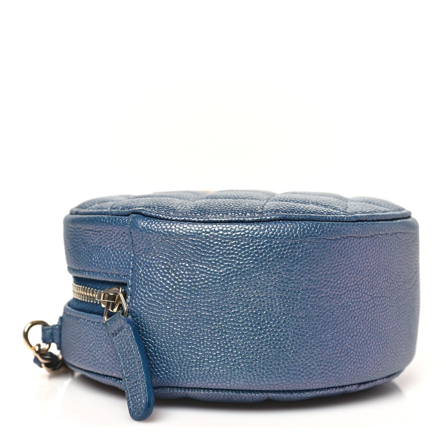 Iridescent Caviar Quilted Round Clutch With Chain Blue