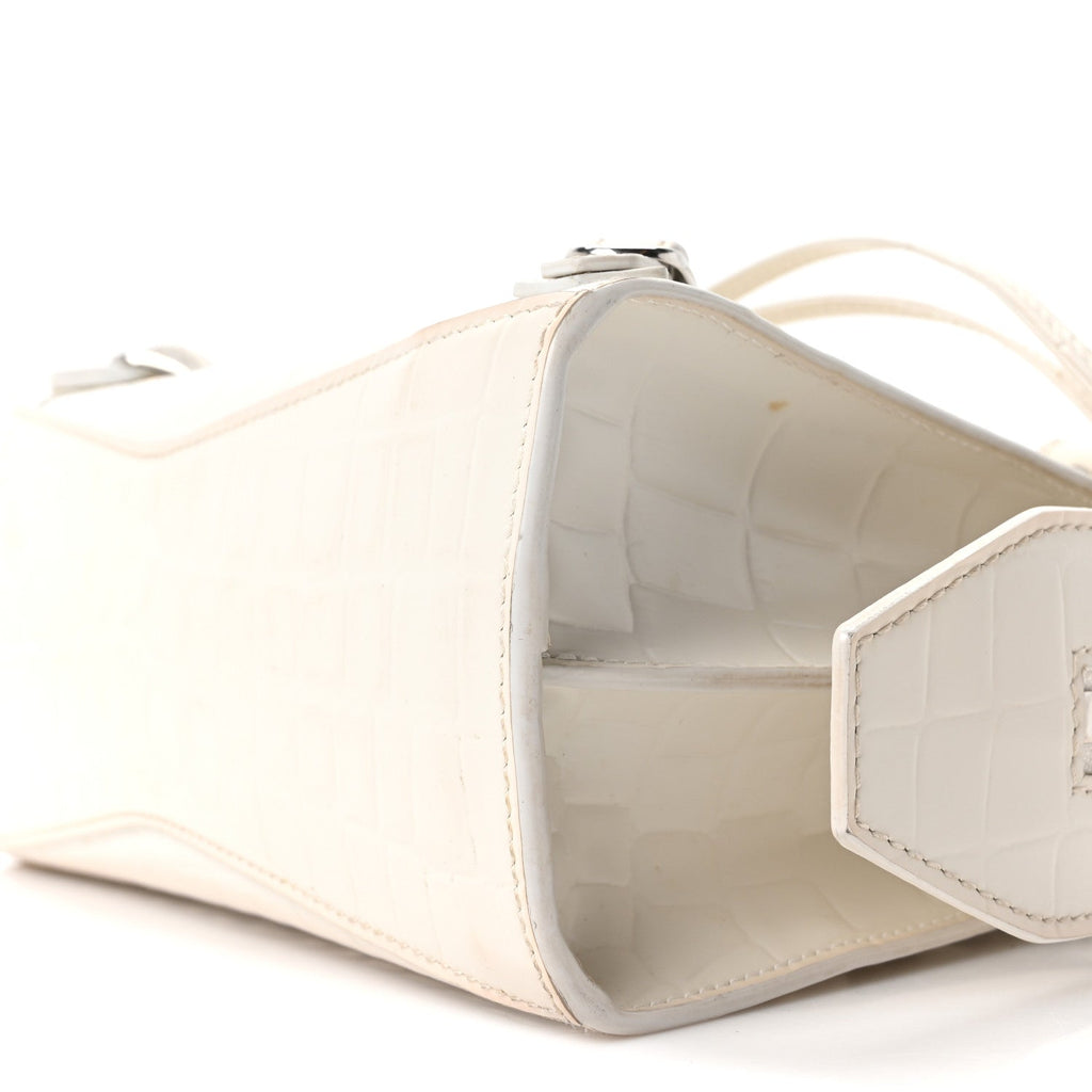 Semi Shiny Calfskin Crocodile Embossed Neo Classic Silver Hardware Nano City Crossbody White