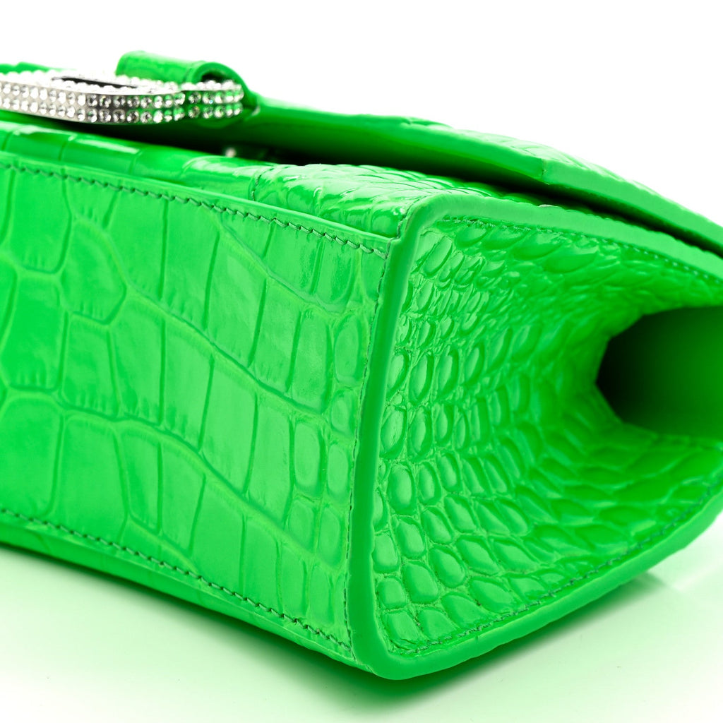 Shiny Calfskin Strass Crocodile Embossed Hourglass Top Handle Bag XS Fluo Green