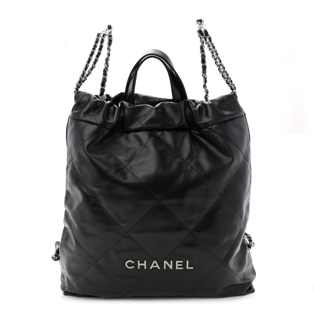 Shiny Calfskin Quilted Chanel 22 Backpack Black