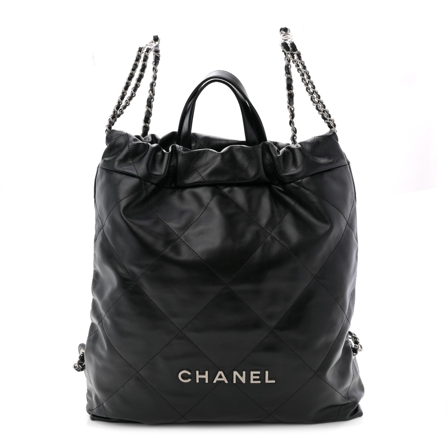 Shiny Calfskin Quilted Chanel 22 Backpack Black
