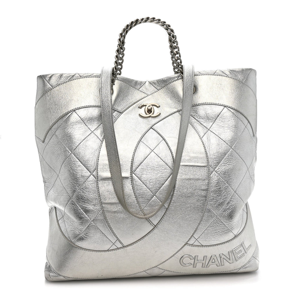 Metallic Calfskin Stitched CC Club Monaco Tote Silver