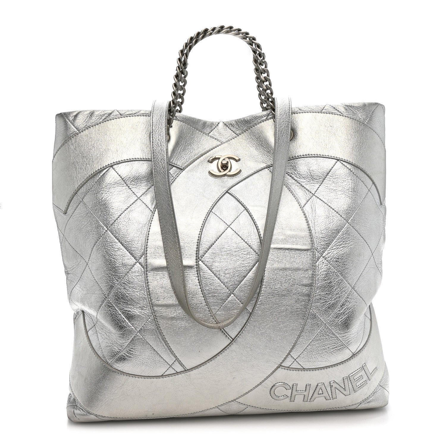 Metallic Calfskin Stitched CC Club Monaco Tote Silver