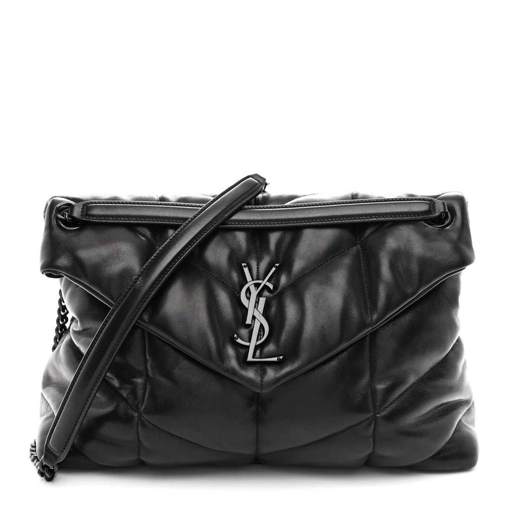 Lambskin Quilted Monogram Monochrome Medium Loulou Puffer Chain Satchel Black