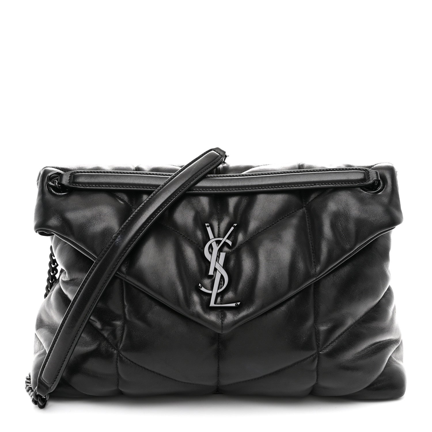 Lambskin Quilted Monogram Monochrome Medium Loulou Puffer Chain Satchel Black