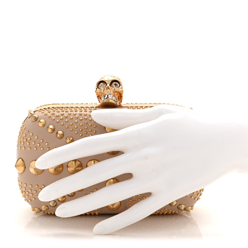 Calfskin Studded Britannia Skull Box Clutch Beige