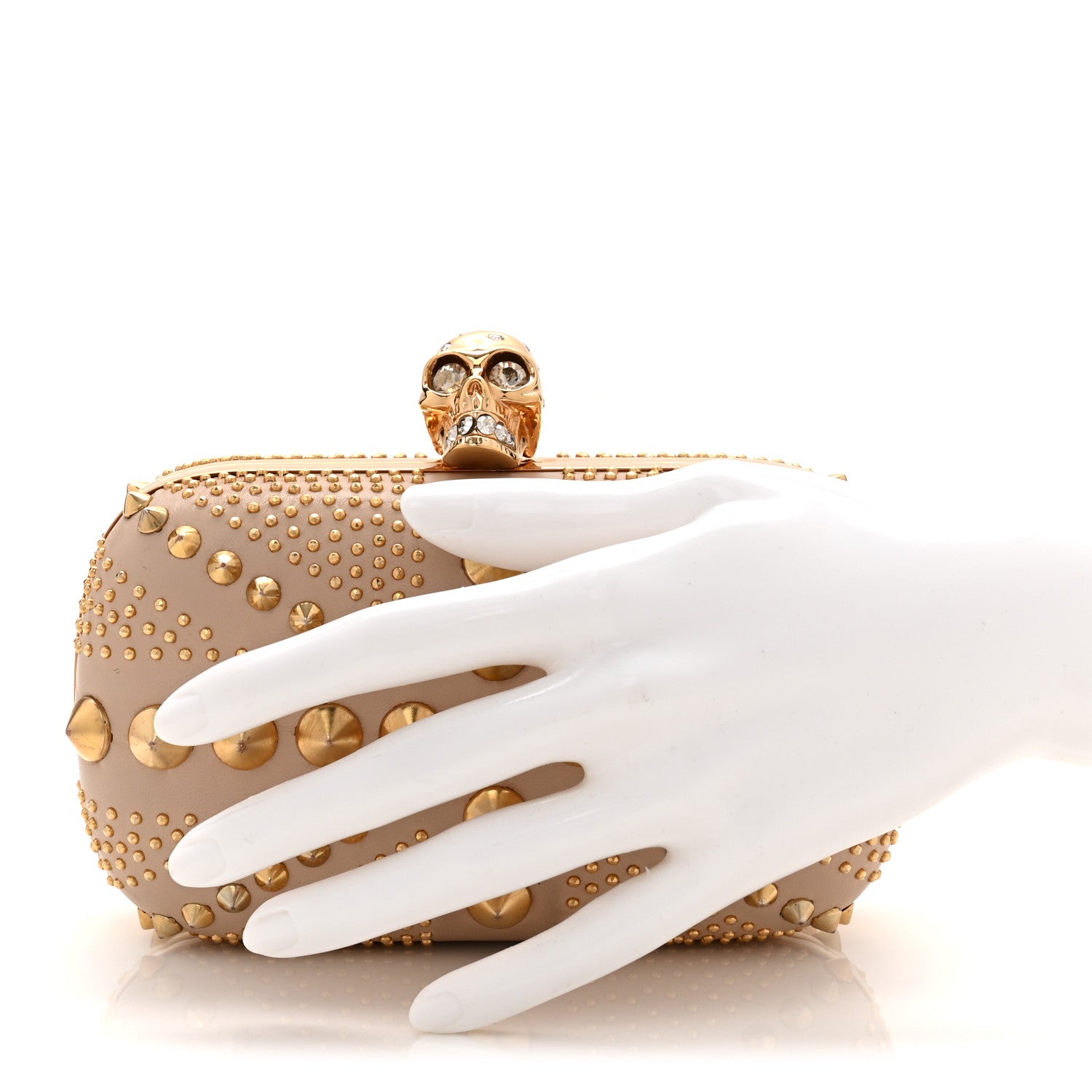 Calfskin Studded Britannia Skull Box Clutch Beige