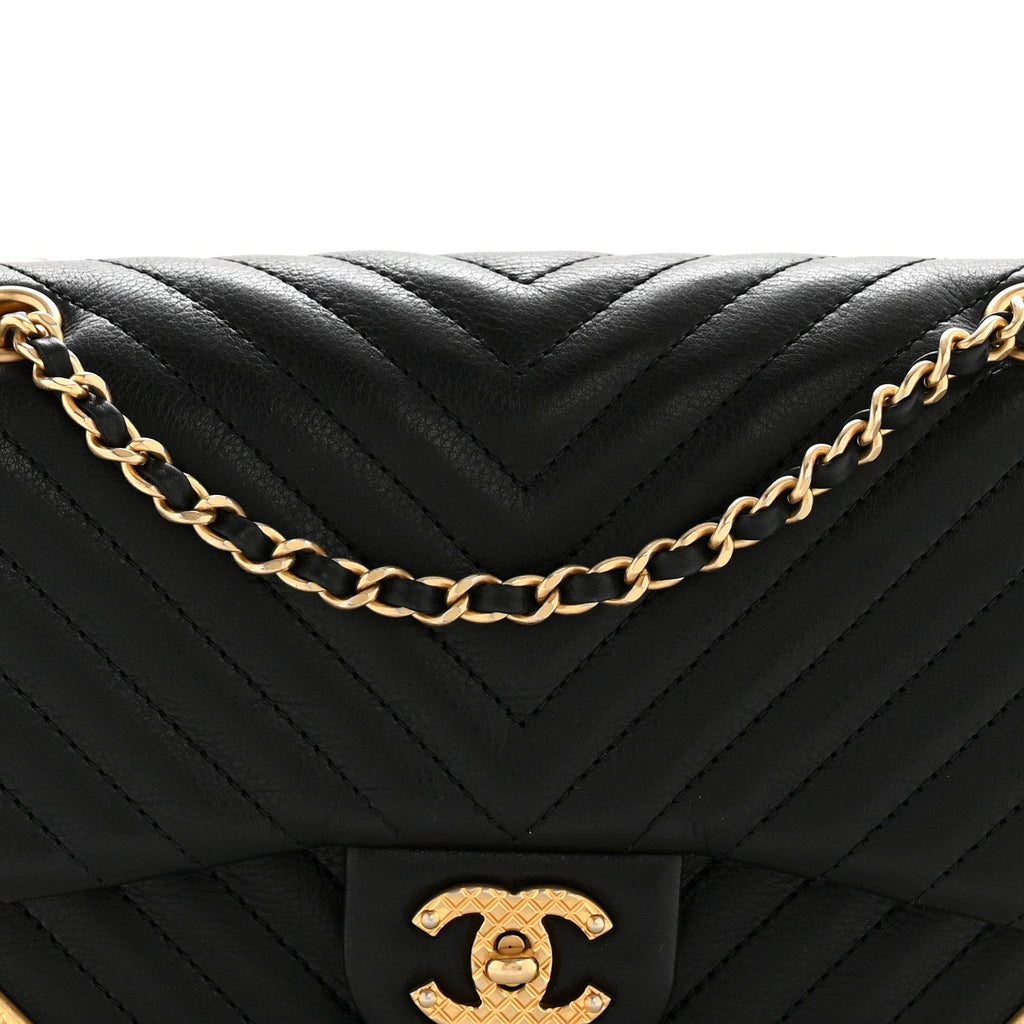 Calfskin Chevron Quilted Mini Rock The Corner Flap Black