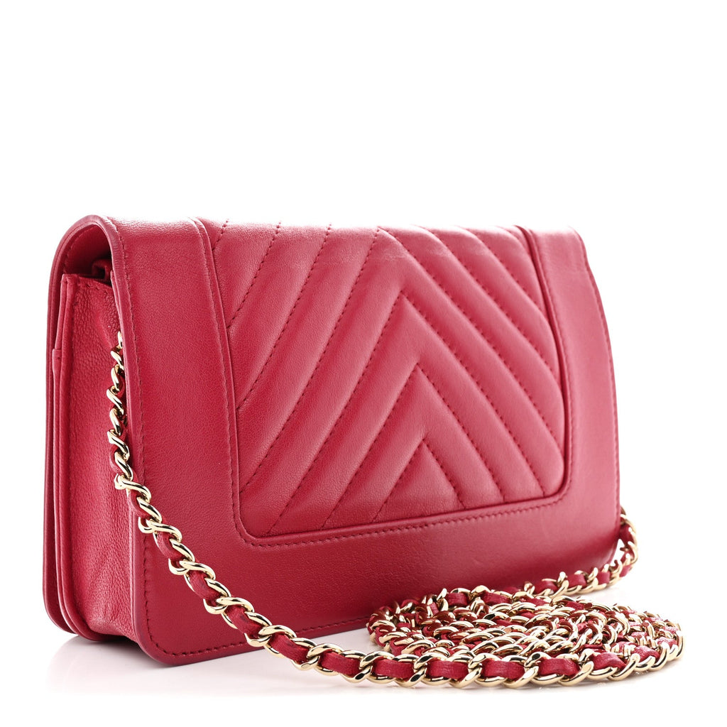 Sheepskin Chevron Quilted Vintage Mademoiselle Wallet On Chain WOC Dark Pink