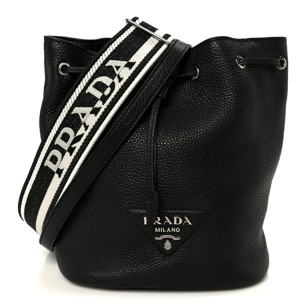 Vitello Daino Soft Drawstring Bucket Bag Black