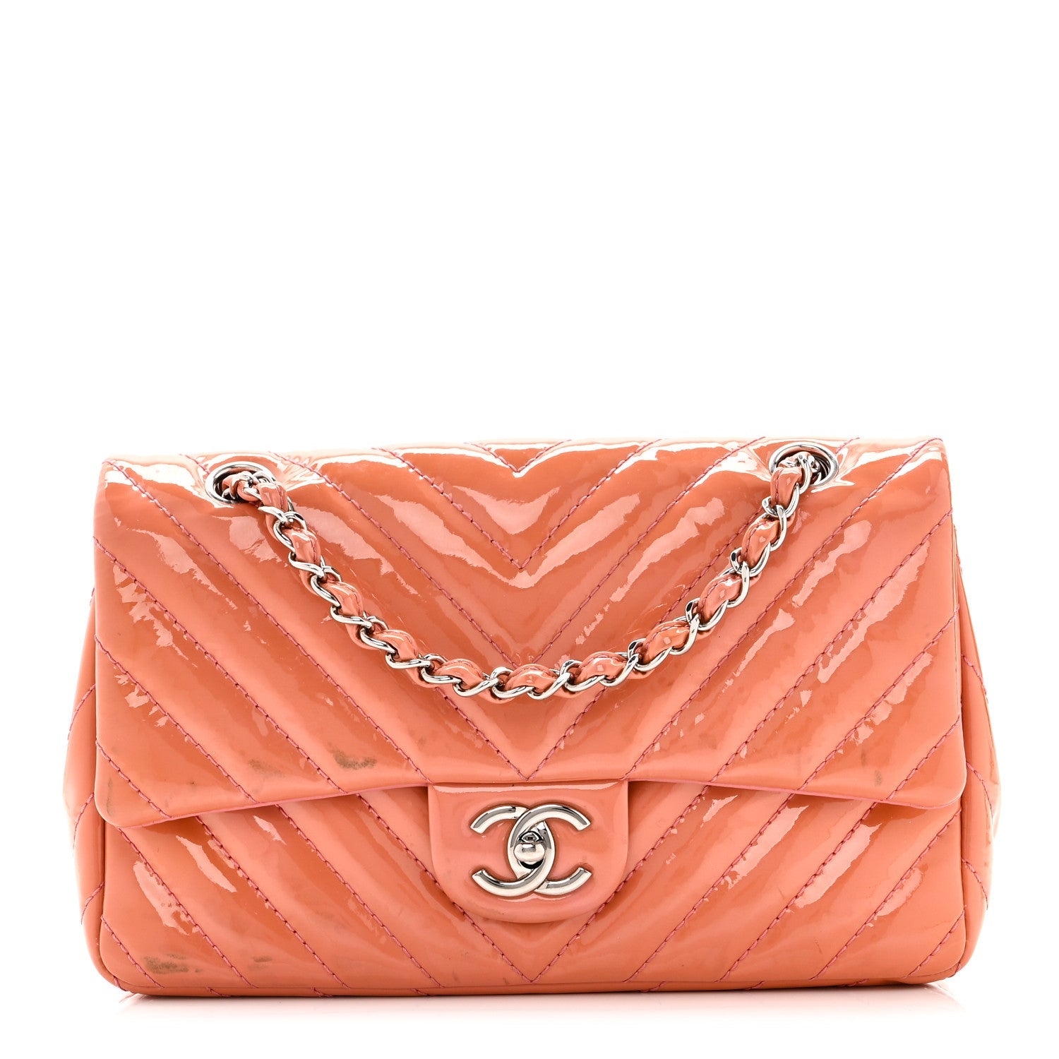 Patent Chevron Quilted Medium Single Flap Pink