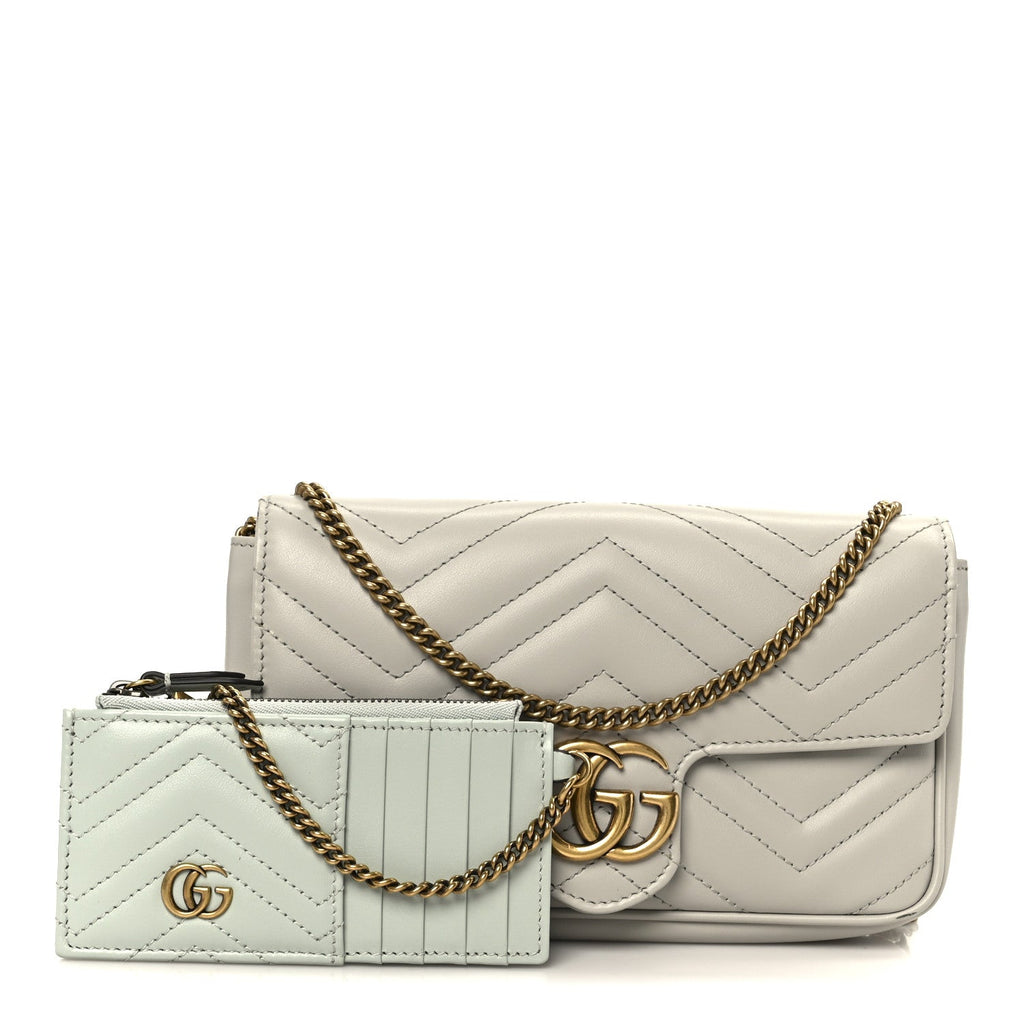 Calfskin Matelasse Mini GG Marmont Shoulder Bag With  Holder White Light Grey