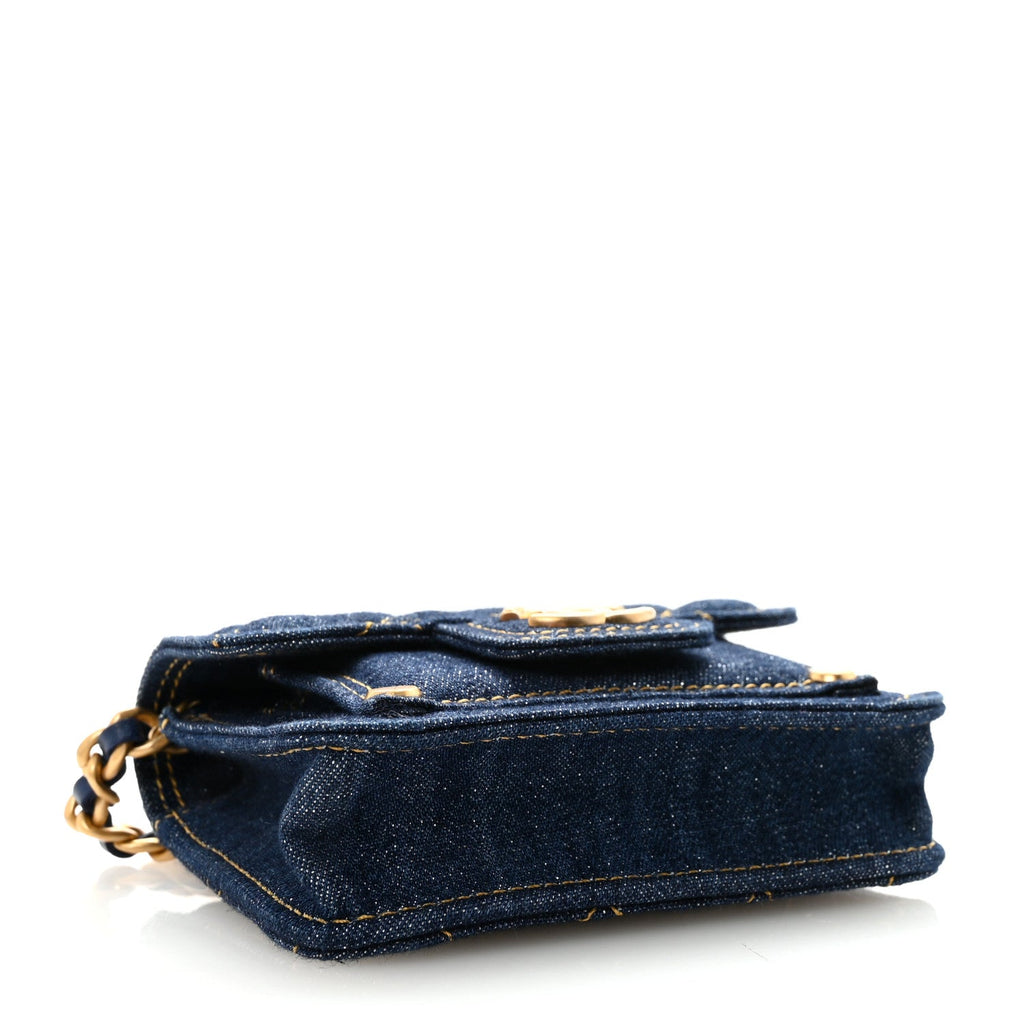 Denim Quilted Double You  Holder On Chain Blue