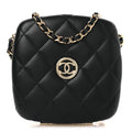 Lambskin Quilted Compact Vanity Case Purse With Chain Black