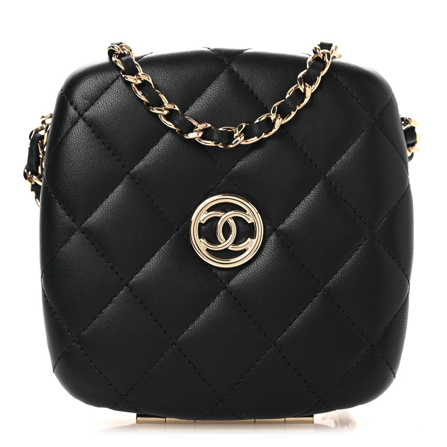 Lambskin Quilted Compact Vanity Case Purse With Chain Black