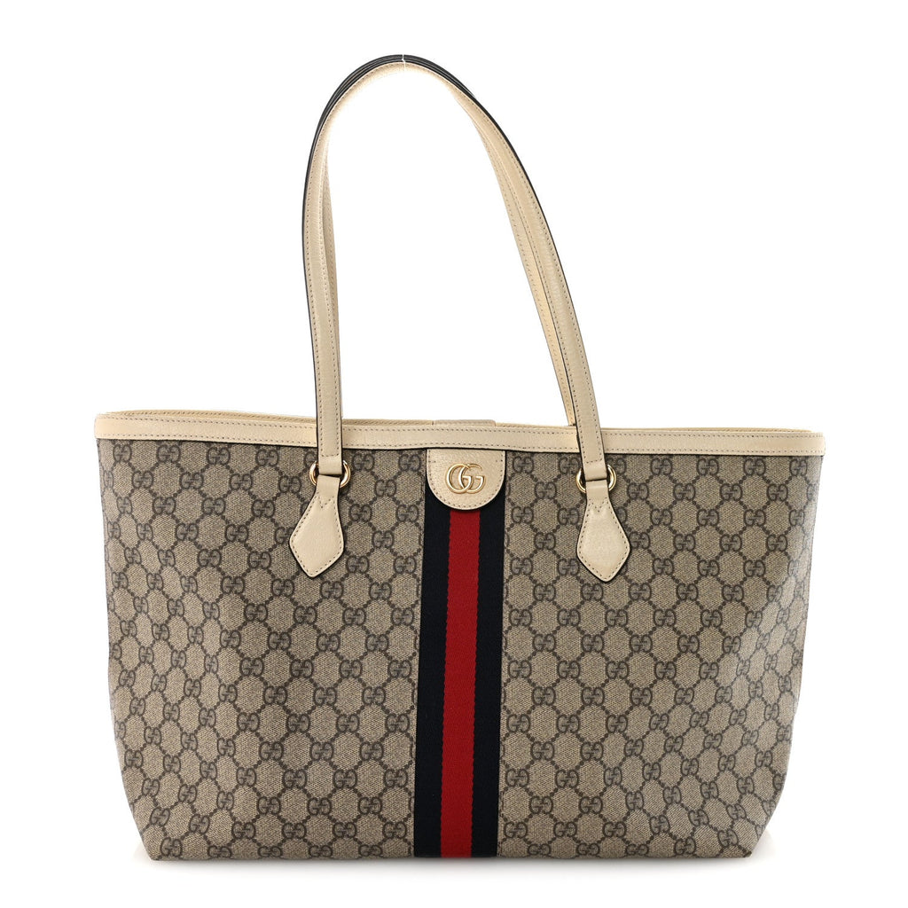 GG Supreme Monogram Textured Calfskin Web Medium Ophidia Shopping Tote Beige Ebony Mystic White