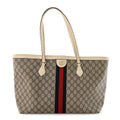GG Supreme Monogram Textured Calfskin Web Medium Ophidia Shopping Tote Beige Ebony Mystic White