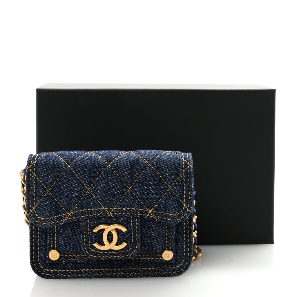 Denim Quilted Double You  Holder On Chain Blue