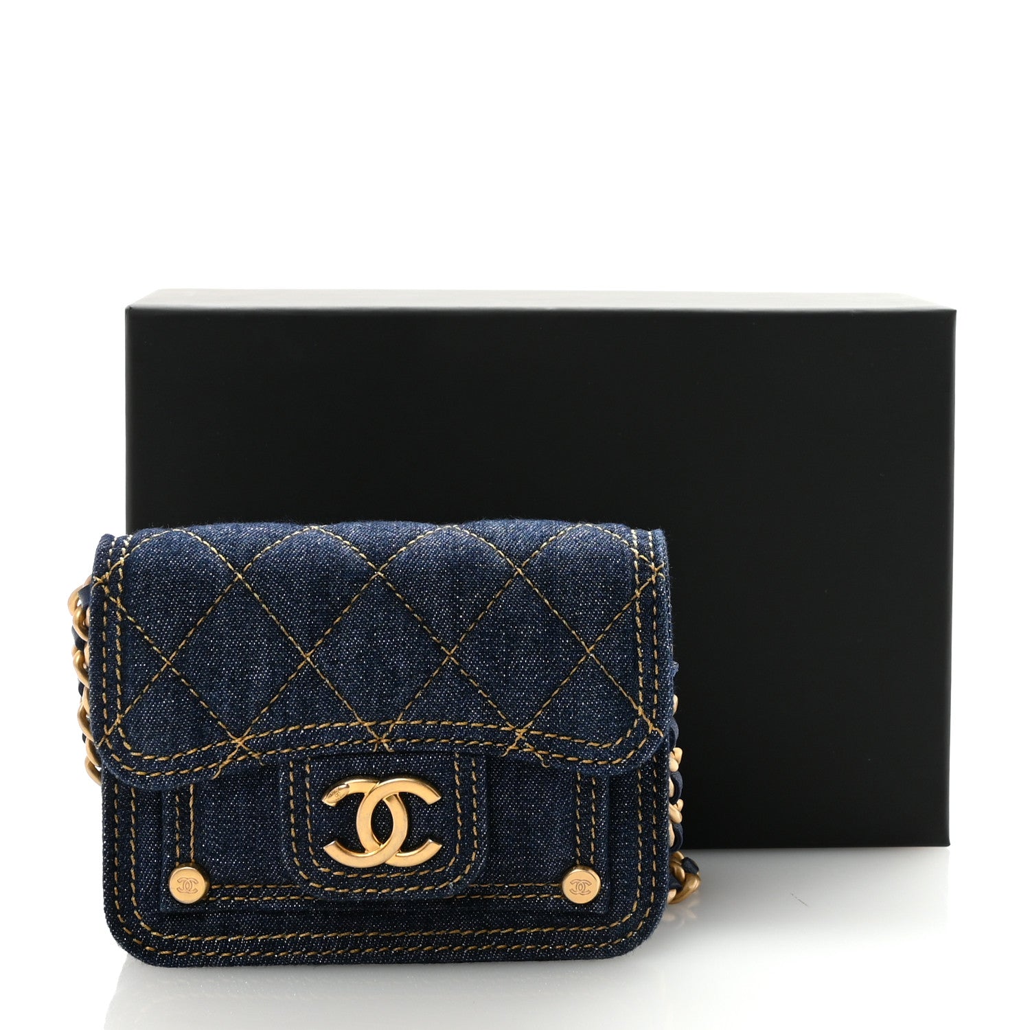 Denim Quilted Double You  Holder On Chain Blue