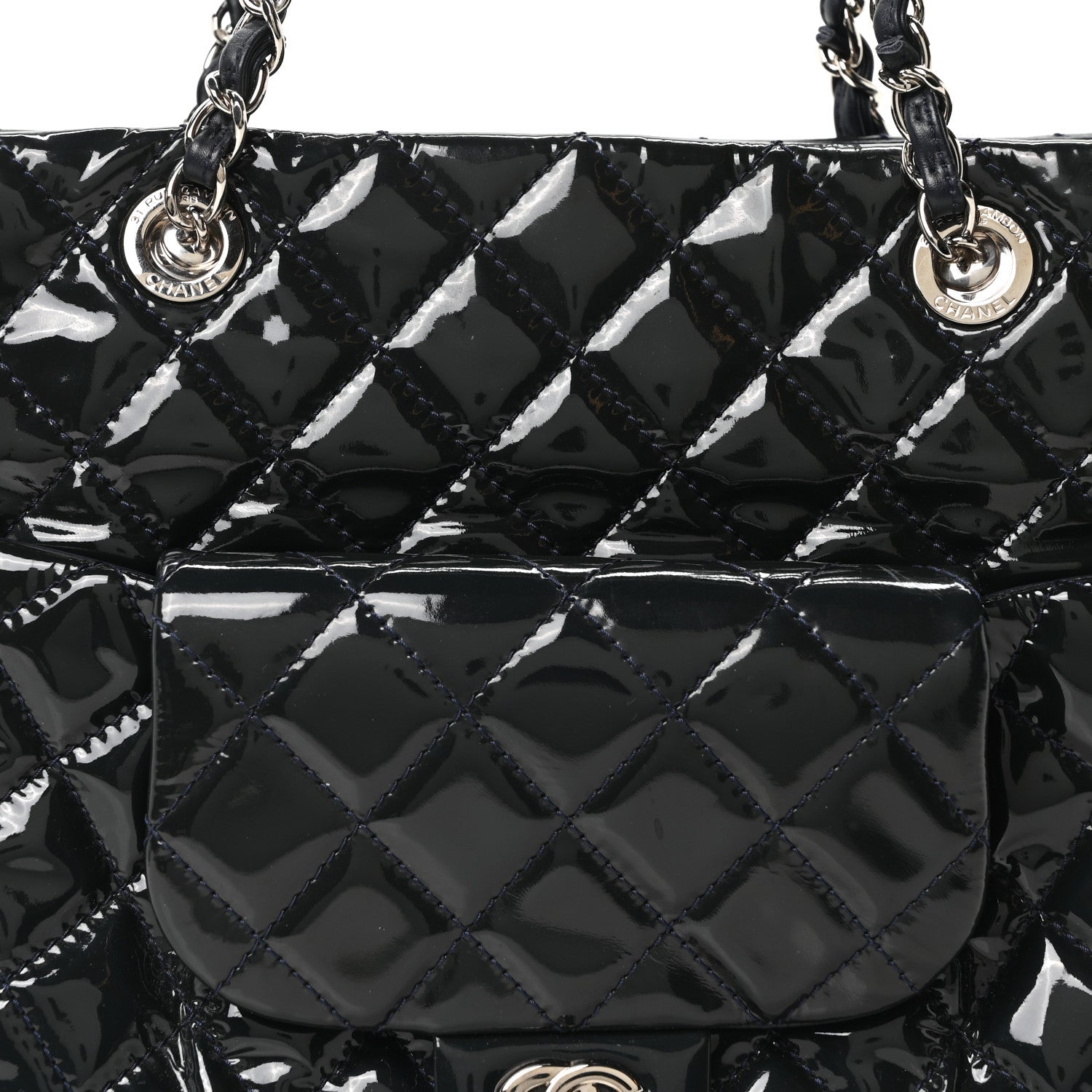 Patent Quilted Large Coco Shine Shopping Tote Navy