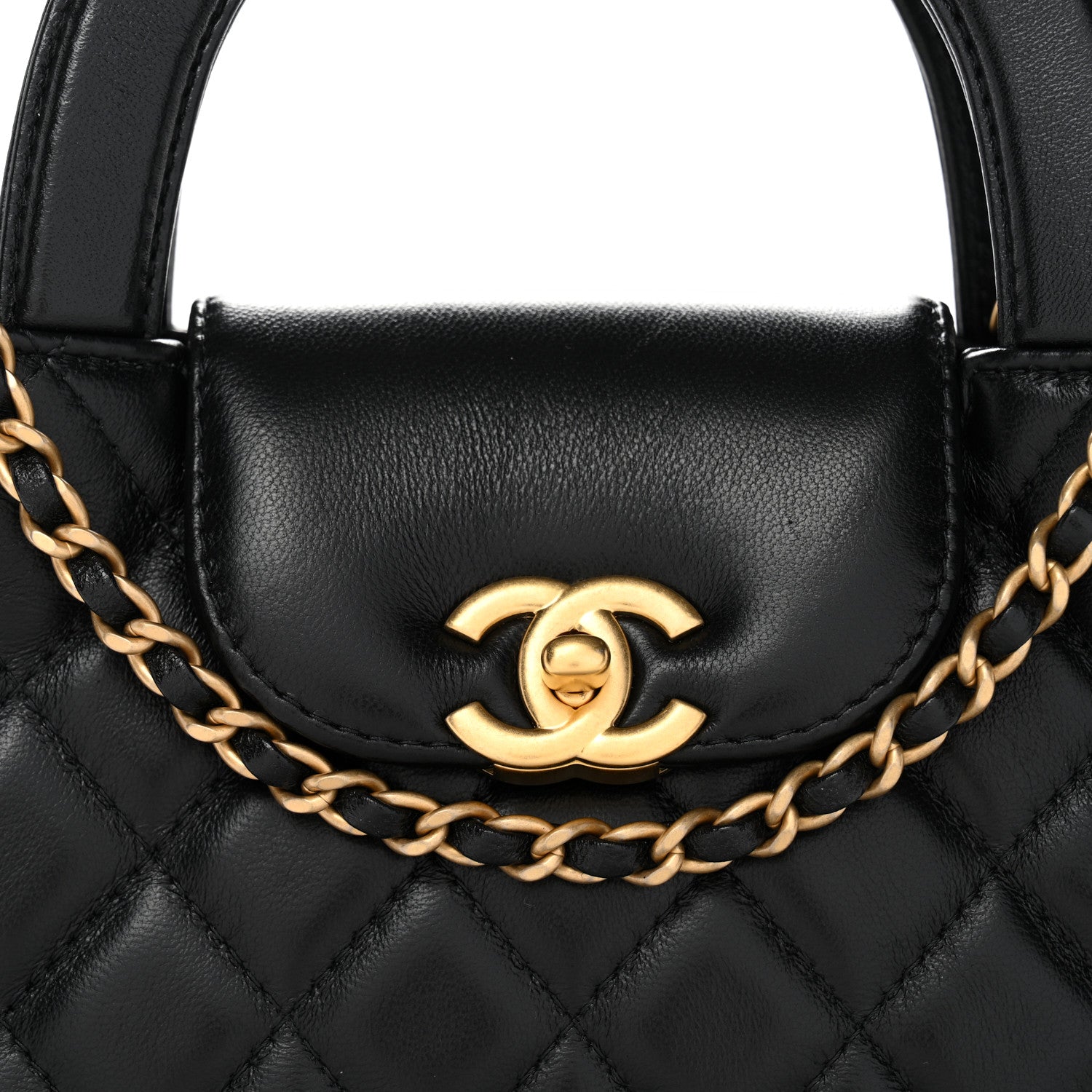 Shiny Aged Calfskin Quilted Nano Kelly Shopper Black