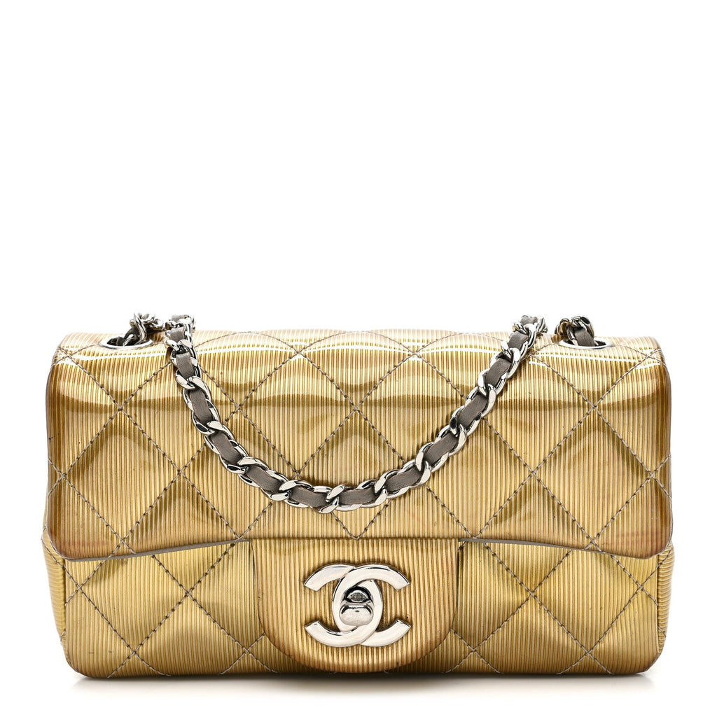 Striated Patent Quilted Extra Mini Rectangular Flap Gold