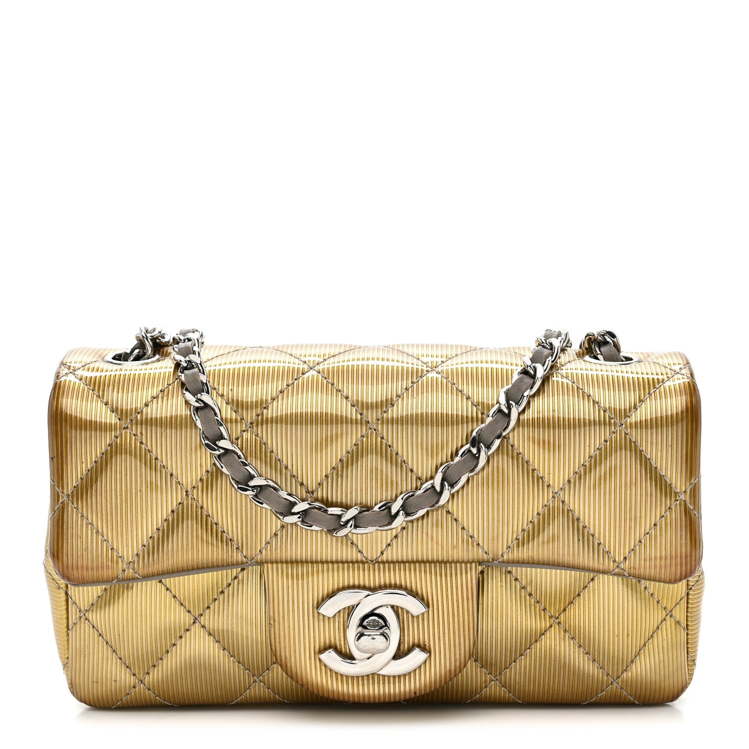 Striated Patent Quilted Extra Mini Rectangular Flap Gold