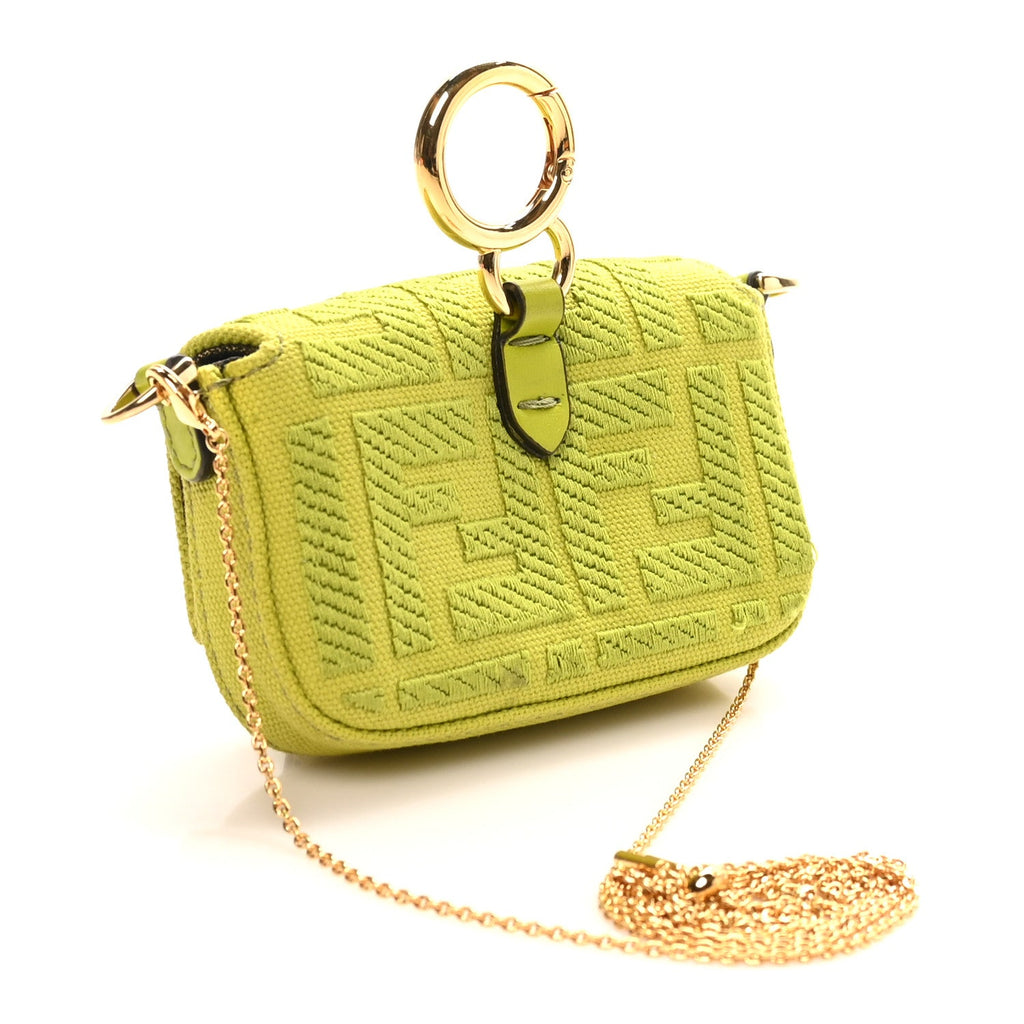 Canvas Vitello King FF Embroidered Nano Maxi Buckle Baguette Charm Wasabi