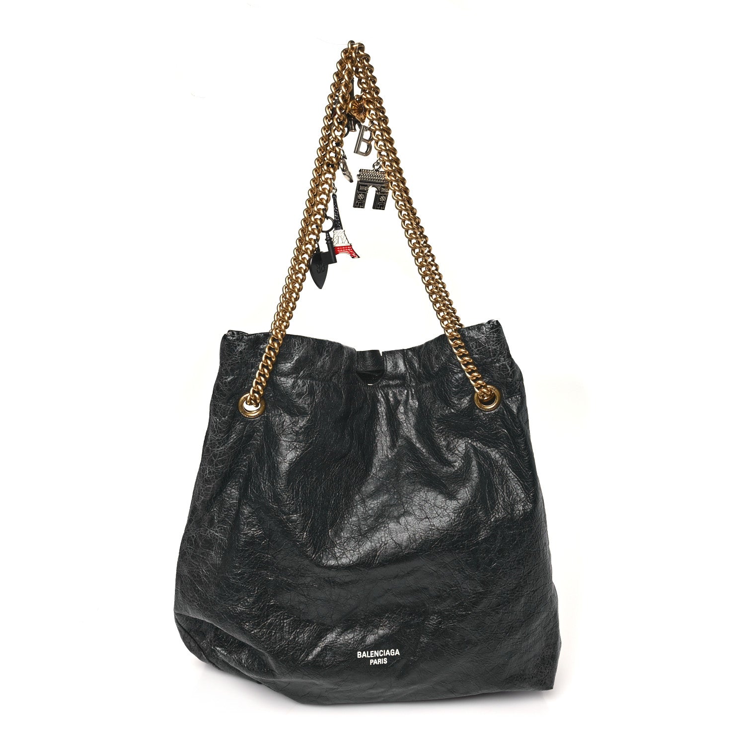 Crushed Calfskin Souvenir Charms Medium Tote Black