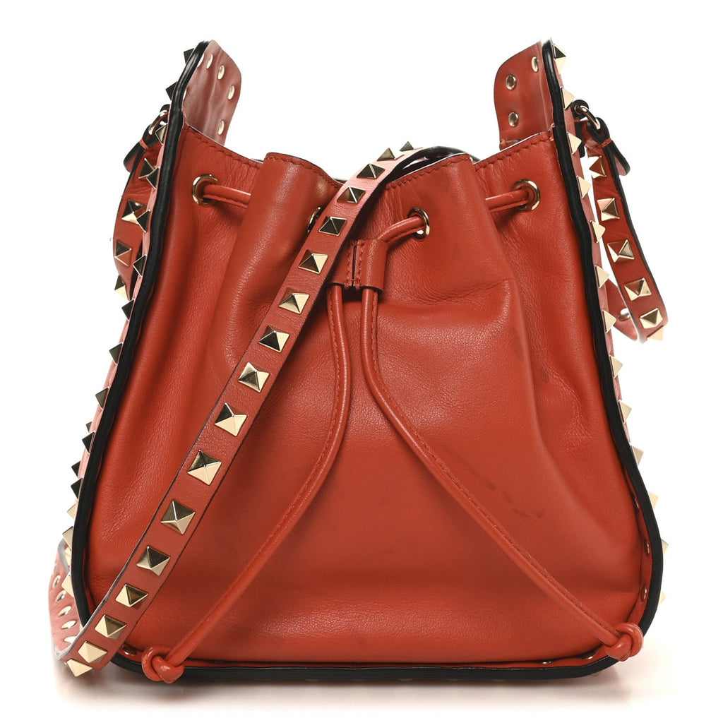 Grained Calfskin Rockstud Bucket Bag Orange